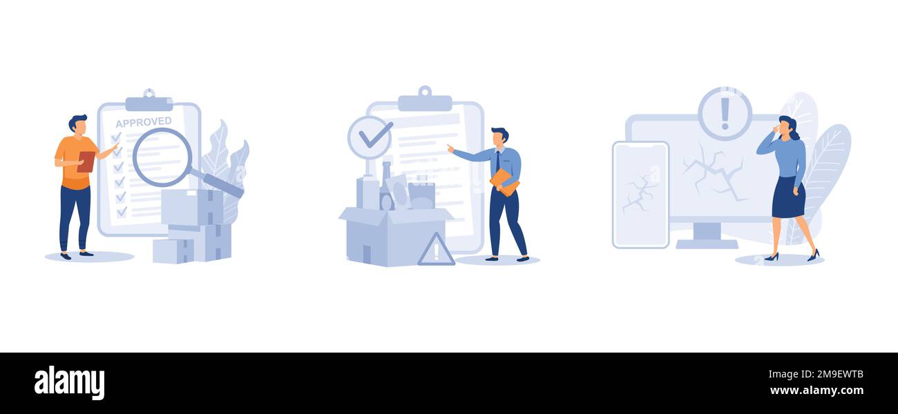 Produktherstellung. Produktqualitäts- und -Sicherheitskontrolle, Produktfehlerprüfung, Kundenfeedback, Inspektion. Legen Sie einen flachen Vektor mit modernen Illustrationen fest Stock Vektor