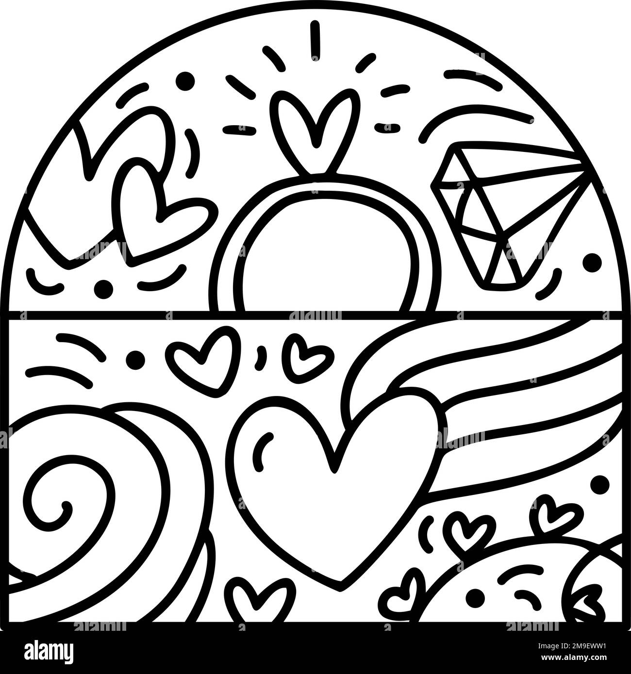 Valentine Vektorzusammensetzung Konstruktorumschlag, Ehering und Herzen. Handgezeichneter Rahmen für Love Holiday Logo für Grußkarte, Webdesign Stock Vektor