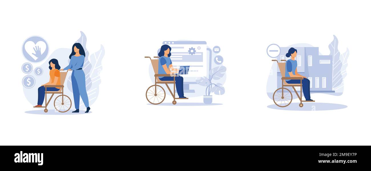 Hilfe für Behinderte. Sozialhilfe, unterstützende Technologie, unzugängliche Umgebungen, Unterstützung durch Pflegekräfte, Adoptivtechnologie. Flachvektor festlegen Stock Vektor