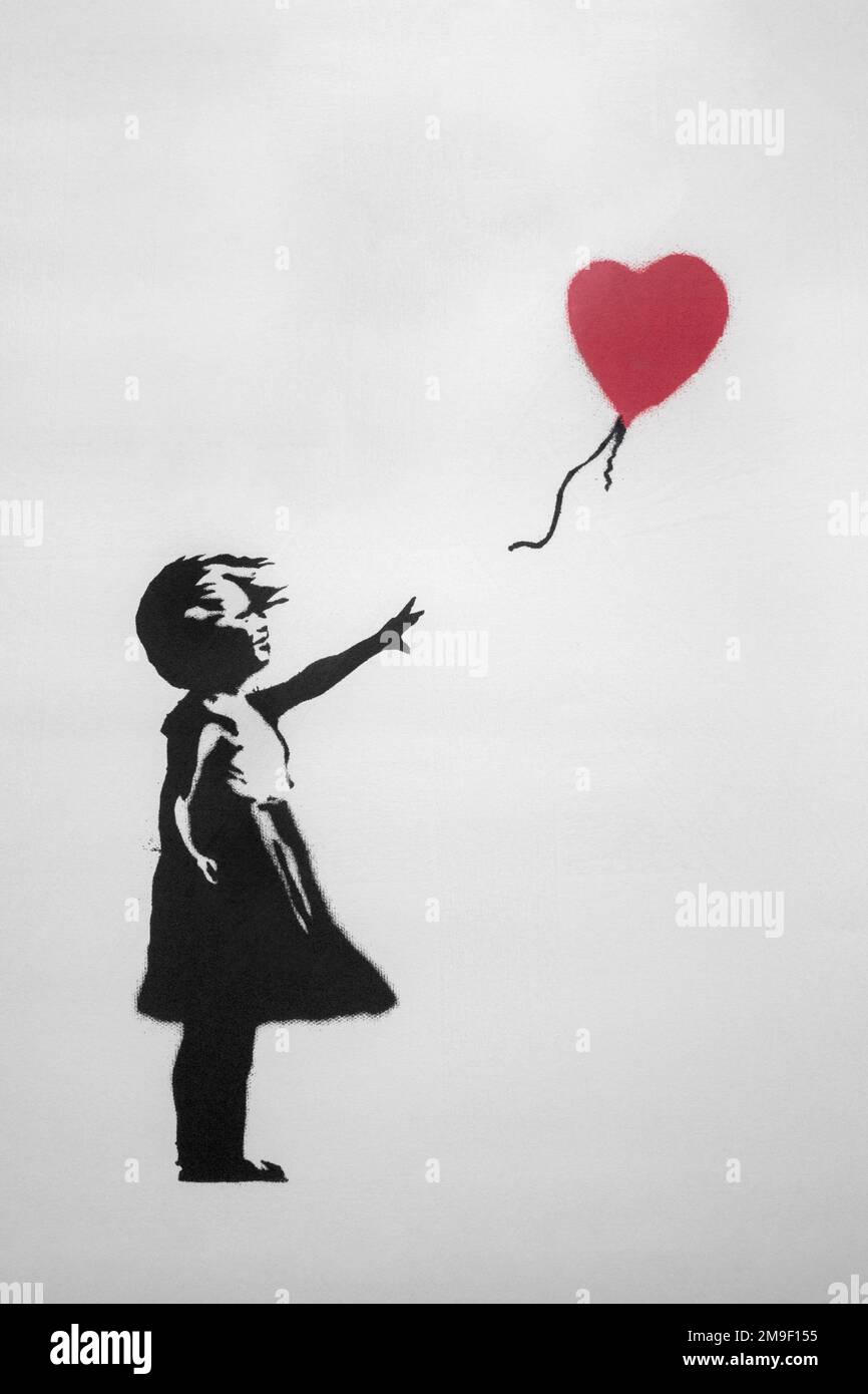 Barcelona-Spanien Etwa Februar 2022. Graffiti-Exponate auf der Banksy-Ausstellung im Barcelona Design Museum. Ein Kunstwerk namens Girl with Balloon aus dem Jahr 2004 Stockfoto
