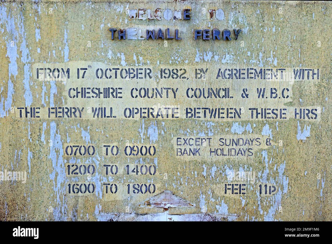 The MSCC Thelwall Ferry - Welcome!, Ferry Lane, Thelwall, South Warrington, Cheshire, ENGLAND, GROSSBRITANNIEN, WA4 2SS Stockfoto