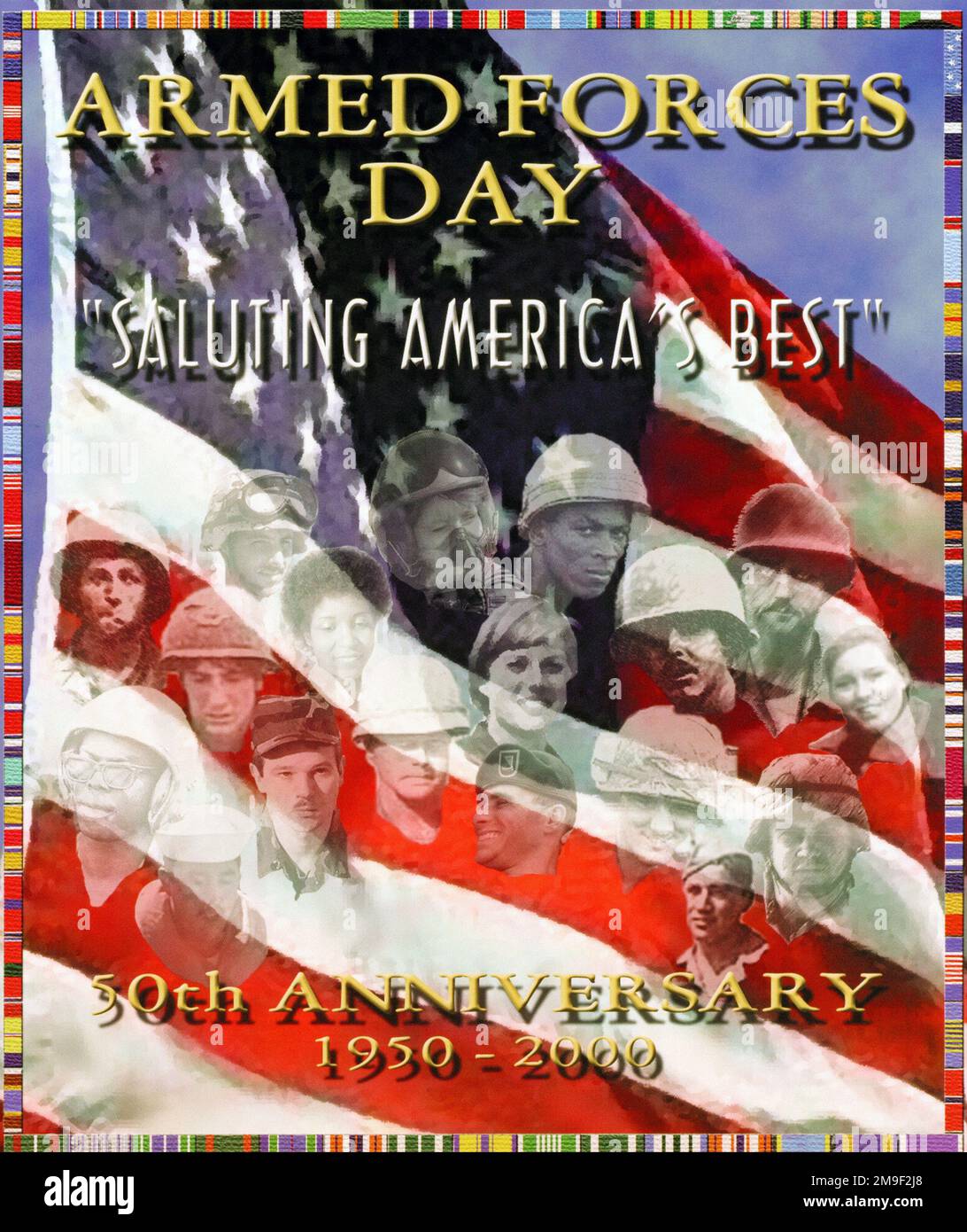 TAG DER STREITKRÄFTE 2000. SALUTING AMERICAS BEST 50TH JUBILÄUM 1950 2000. Zu Ehren des 50. Jahrestags, als Präsident Harry S. Truman die Bemühungen leitete, einen einzigen Feiertag für die Bürger zu schaffen, um sich zu versammeln und unseren Militärangehörigen für ihren patriotischen Dienst zur Unterstützung unseres Landes zu danken. Am 31. August 1949 kündigte Verteidigungsminister Louis Johnson die Einrichtung eines Armed Forces Day an, der die getrennten Tage der Armee, der Marine und der Luftwaffe ersetzen soll. Die eintägige Feier war das Ergebnis der Vereinigung der Streitkräfte unter einer Abteilung - dem Verteidigungsministerium. Der Tag der Streitkräfte ist Stockfoto
