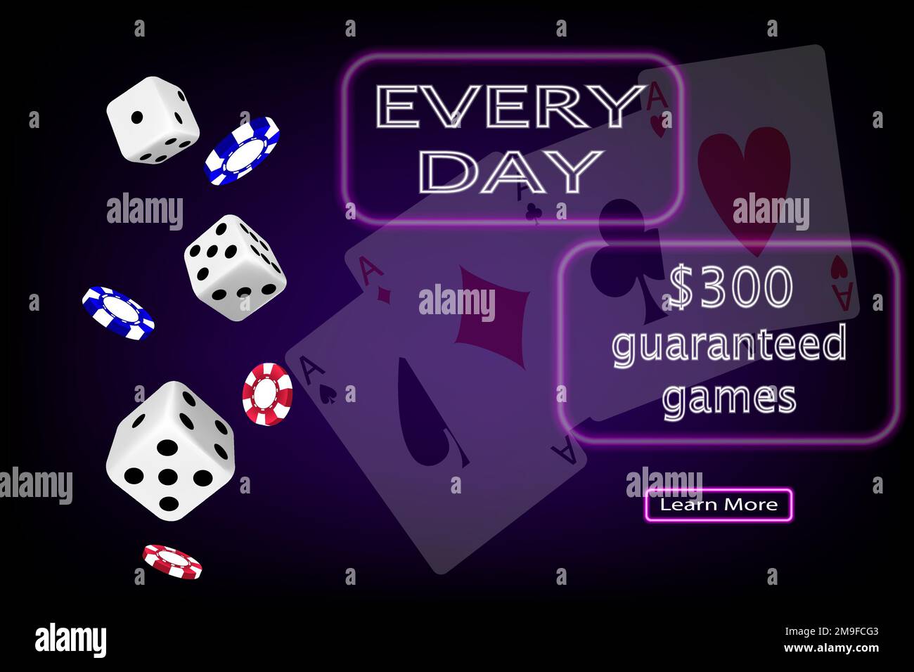 Online-Casino. Banner für die Website mit Würfeln, Karten und Chips auf lila Hintergrund. Das Konzept des Glücksspiels, des Online-Casinos. Vektorbild. Stock Vektor