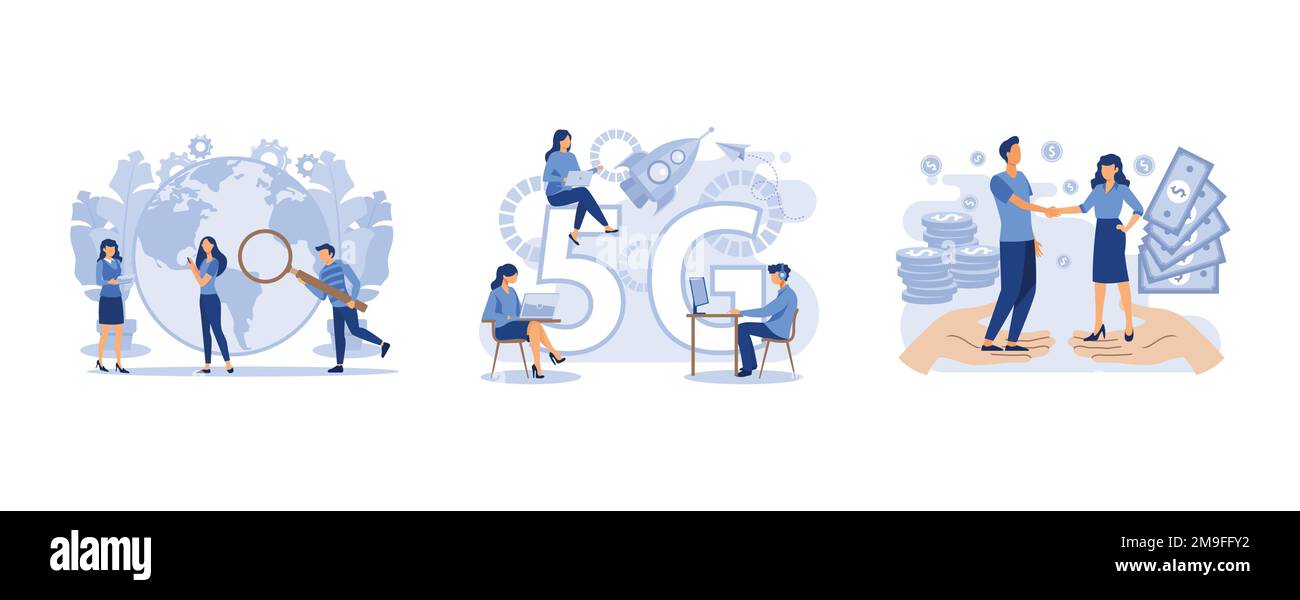 Onlinegeschäft in der Pandemie, Tische mit Computern und Laptops, der Investor hält Geld in Ideen, legt flachen Vektor moderne Illustration Stock Vektor