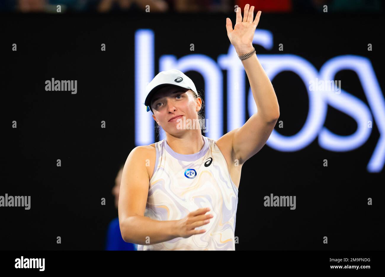 IGA Swiatek von Polen nach der ersten Runde gegen Jule Niemeier von Deutschland bei den Australian Open 2023, Grand Slam Tennis Turnier am 16. Januar 2023 in Melbourne, Australien - Foto: Rob Prange/DPPI/LiveMedia Stockfoto