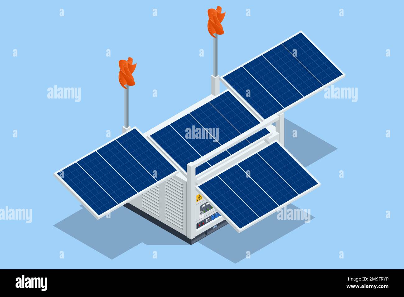 Isometrischer multifunktionaler Stromerzeuger. Solarpaneele, Windkraftanlagen und ein Dieselgenerator in einem. Stock Vektor