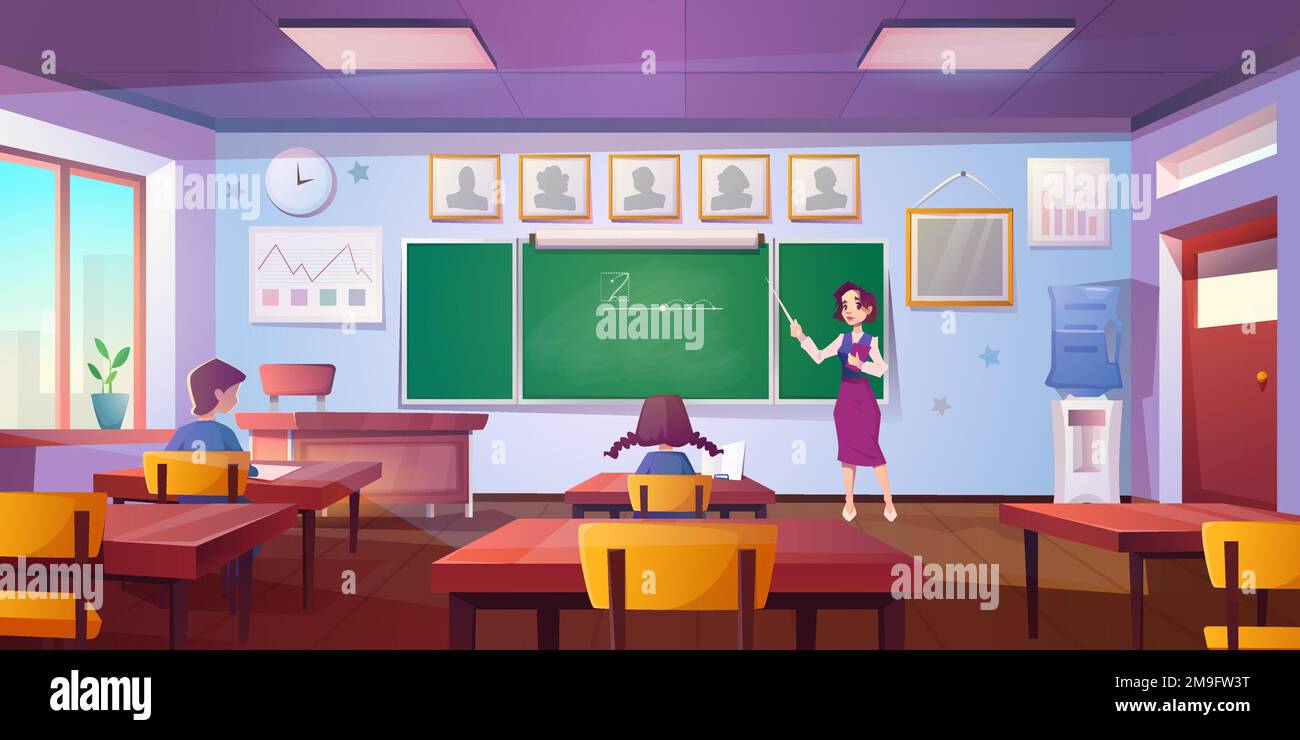Cartoon-Klassenzimmer für Mathematikunterricht mit Schülern und Lehrern an der Tafel. Innenausstattung für Bildungseinrichtungen oder Universitäten mit Formel auf grüner Tafel, Uhr an der Wand und Wasserkühler. Stock Vektor
