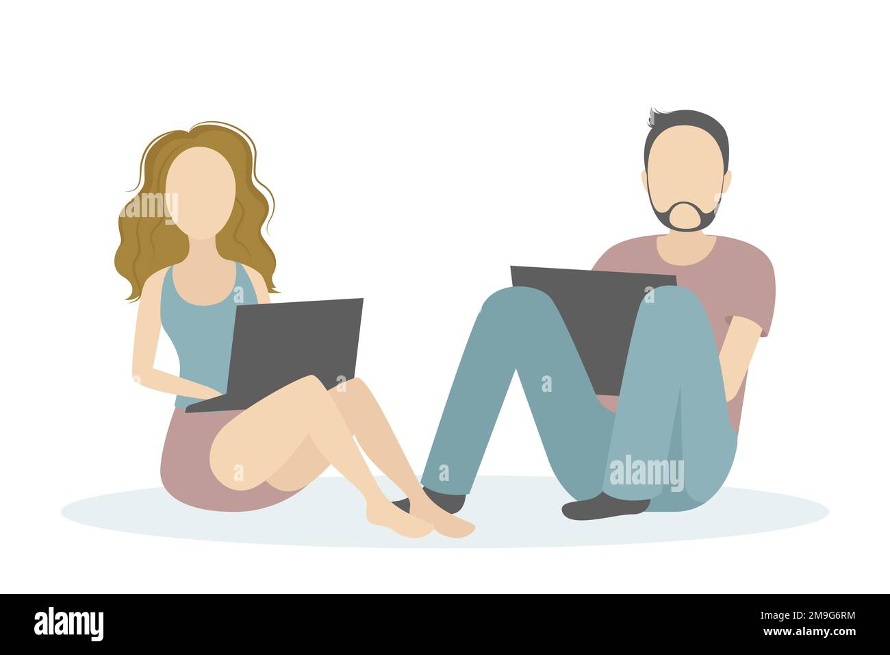 Mann und Frau sitzen auf dem Boden und arbeiten an Laptops. Vektordarstellung. Stock Vektor