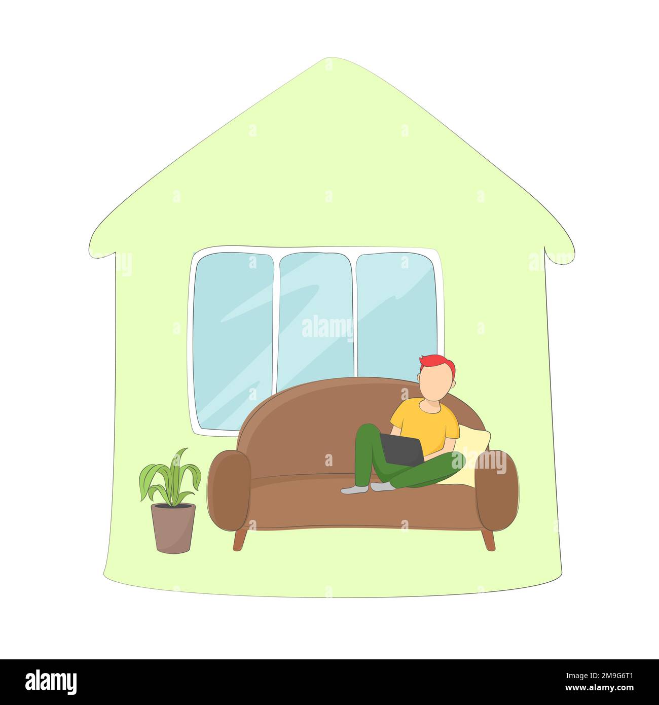 Ein Mann sitzt auf der Couch mit einem Laptop in seinem Haus. Vektordarstellung. Stock Vektor