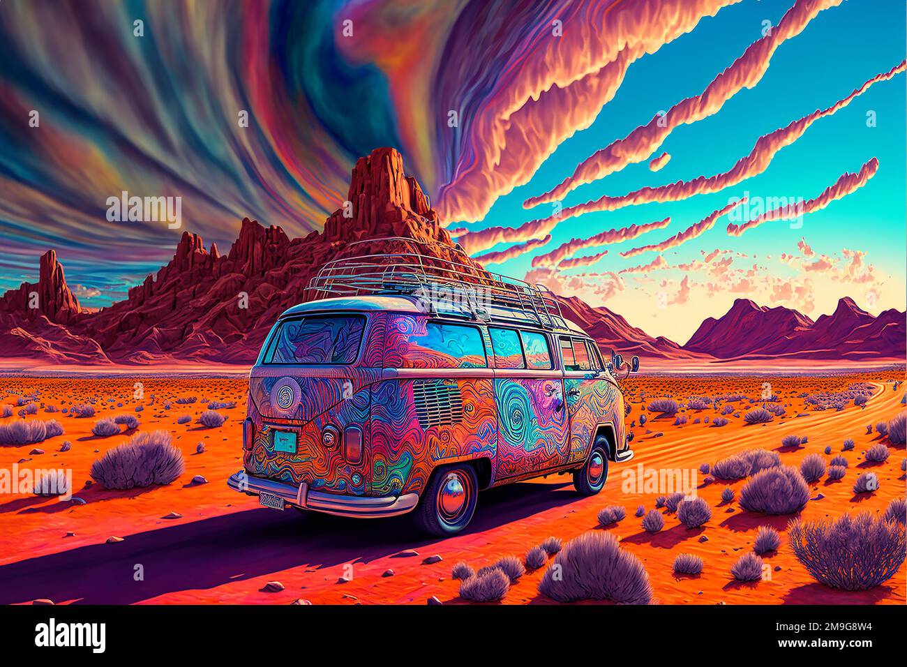 Farbenfrohe magische psychedelische natürliche Sonnenuntergangslandschaft mit hellen Farben. Von KI generierte Bilddarstellung Stockfoto