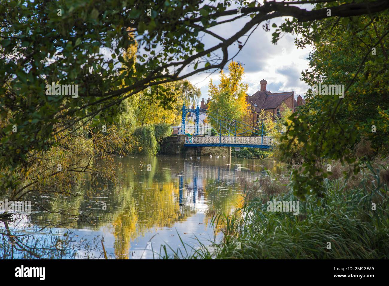 Die alte Eisenwerk-Hängebrücke (1903 erbaut) spiegelt sich im Fluss Leam wider, von Jephson Gardens, Leamington Spa, Warwickshire, England Stockfoto