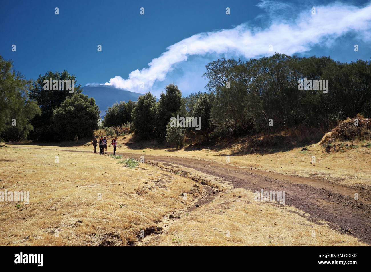 Wanderer auf einer Strecke während eines Ausbruchs des Ätna in Sizilien, Ätna-Nationalpark, Italien (2) Stockfoto