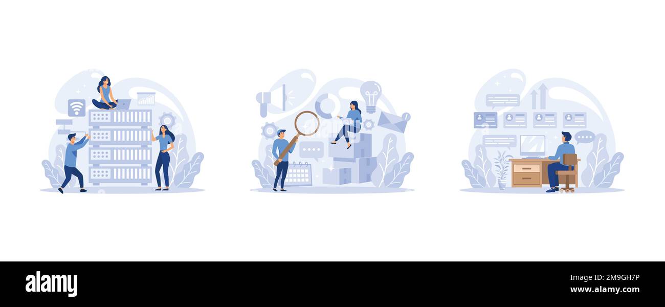 IT-Berufsgruppe. Programmierer schreiben Software und erstellen Code für Computer. Codierungsskript für Projekt und Anwendung, legt einen flachen Vektor und eine moderne Illustration fest Stock Vektor