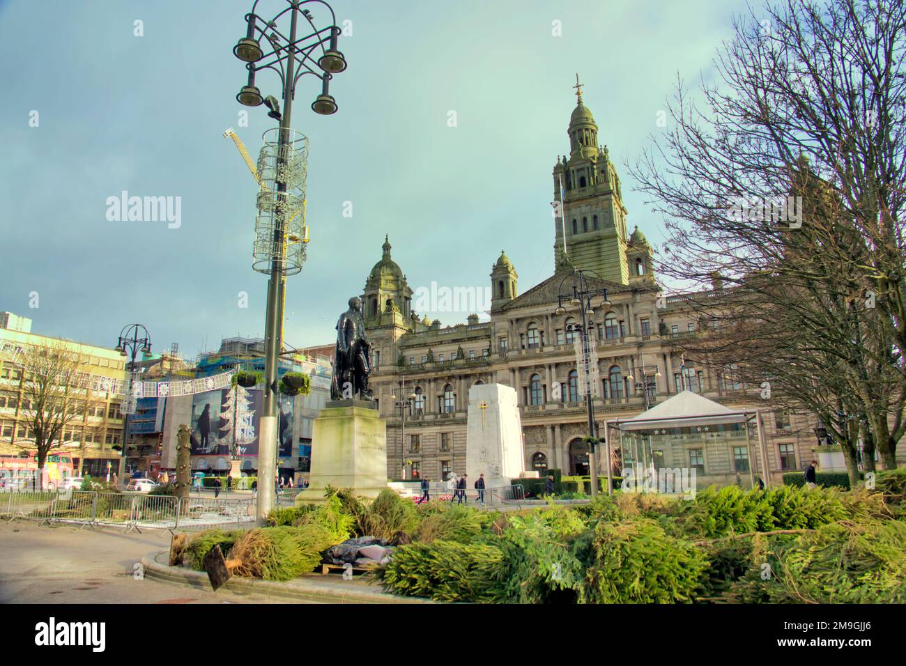 Glasgow, Schottland, Vereinigtes Königreich 18. Januar 2023. City council der Weihnachtsbaum von City stürzt schließlich auf dem george Square zu viel zur Belästigung von Touristen und Einheimischen, da die Krippenhäuser noch immer zur Belustigung aller Inkompetenz des rates stehen. Credit Gerard Ferry/Alamy Live News Stockfoto