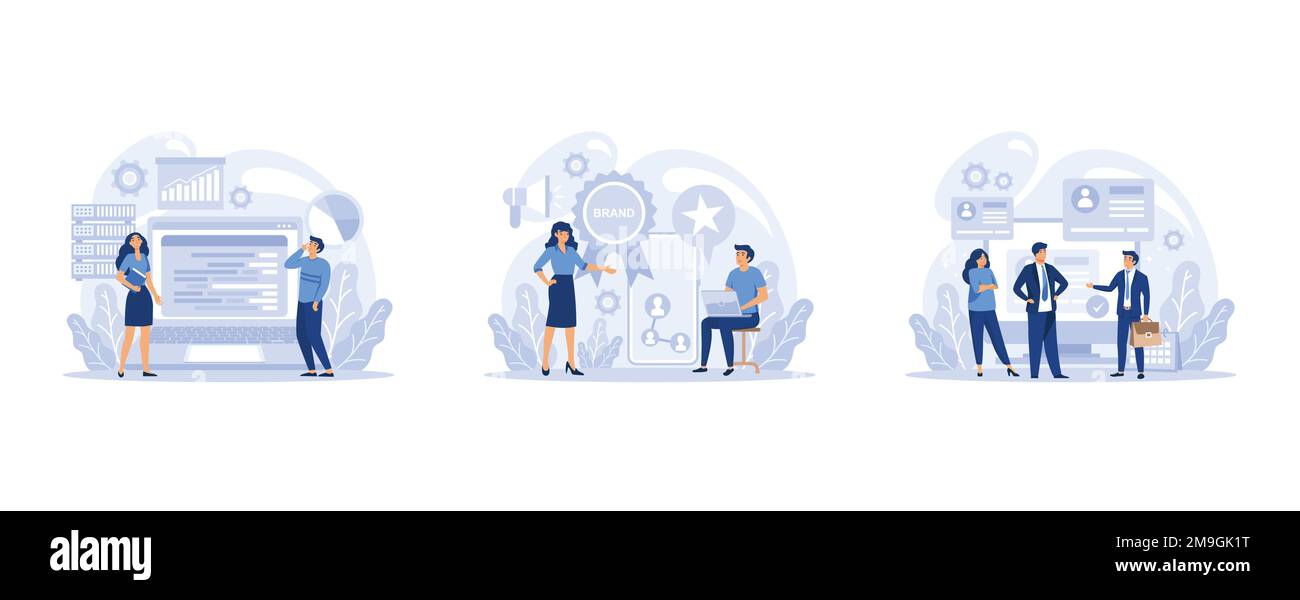 IT-Berufsgruppe. Programmierer schreiben Software und erstellen Code für Computer. Codierungsskript für Projekt und Anwendung, legt einen flachen Vektor und eine moderne Illustration fest Stock Vektor