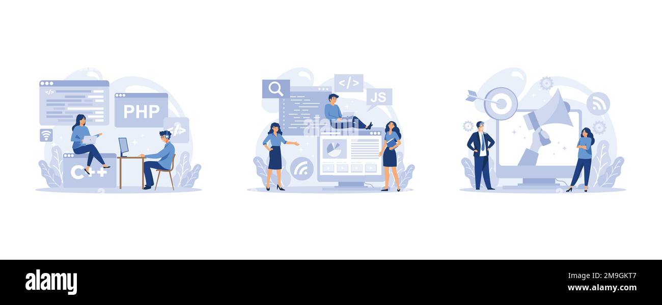 IT-Berufsgruppe. Programmierer schreiben Software und erstellen Code für Computer. Codierungsskript für Projekt und Anwendung, legt einen flachen Vektor und eine moderne Illustration fest Stock Vektor