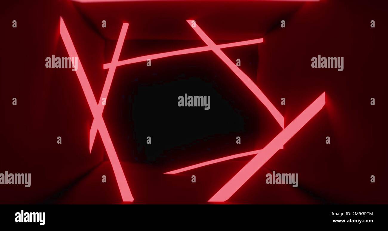 Abbildung: Flackernder qr-Code-Scanner und neonrote Streifen auf rotem Hintergrund Stockfoto