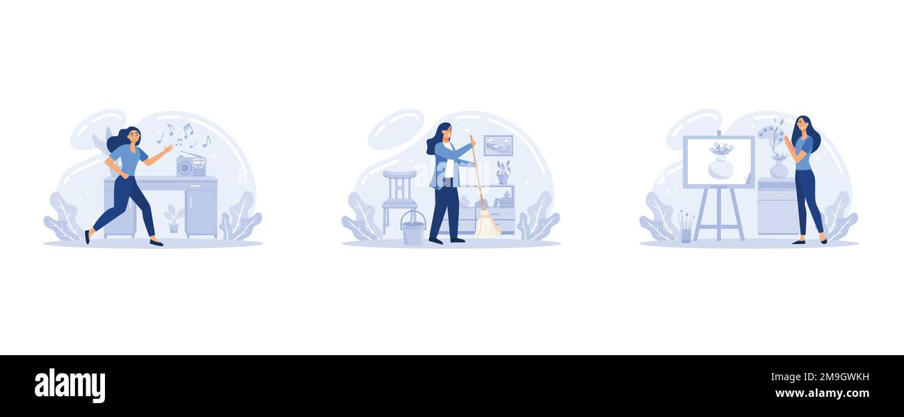 „Stay Home“-Konzept, gemütliches, modernes skandinavisches Interieur. Selbstisolation, Quarantäne wegen Coronavirus, Flachvektor moderne Illustration Stock Vektor