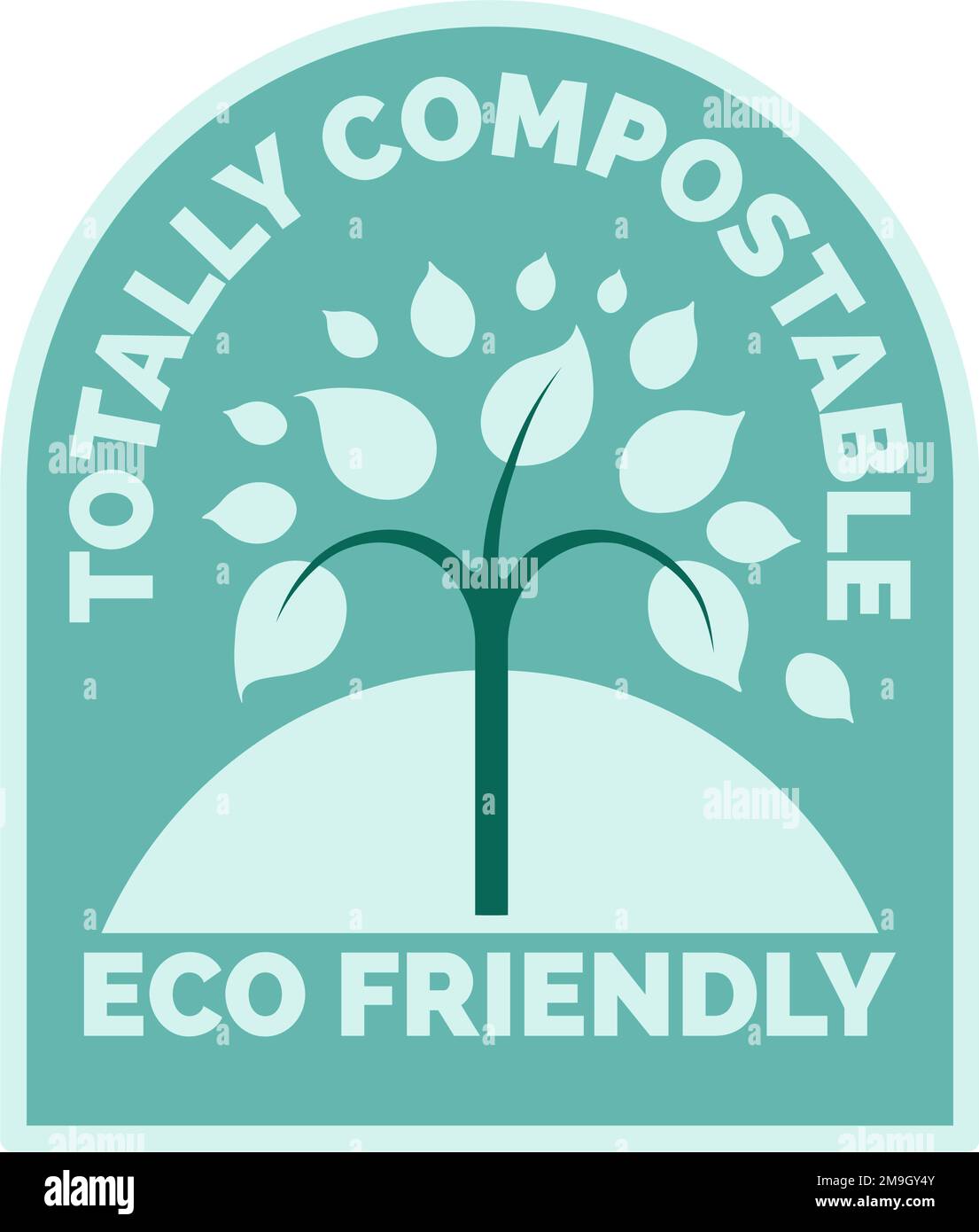 Umweltfreundliche und vollständig kompostierbare Waren. Baum mit Blättern auf Logo für Producer. Umwelt- und Naturschutz und Hilfe. Produktetikett oder Stock Vektor