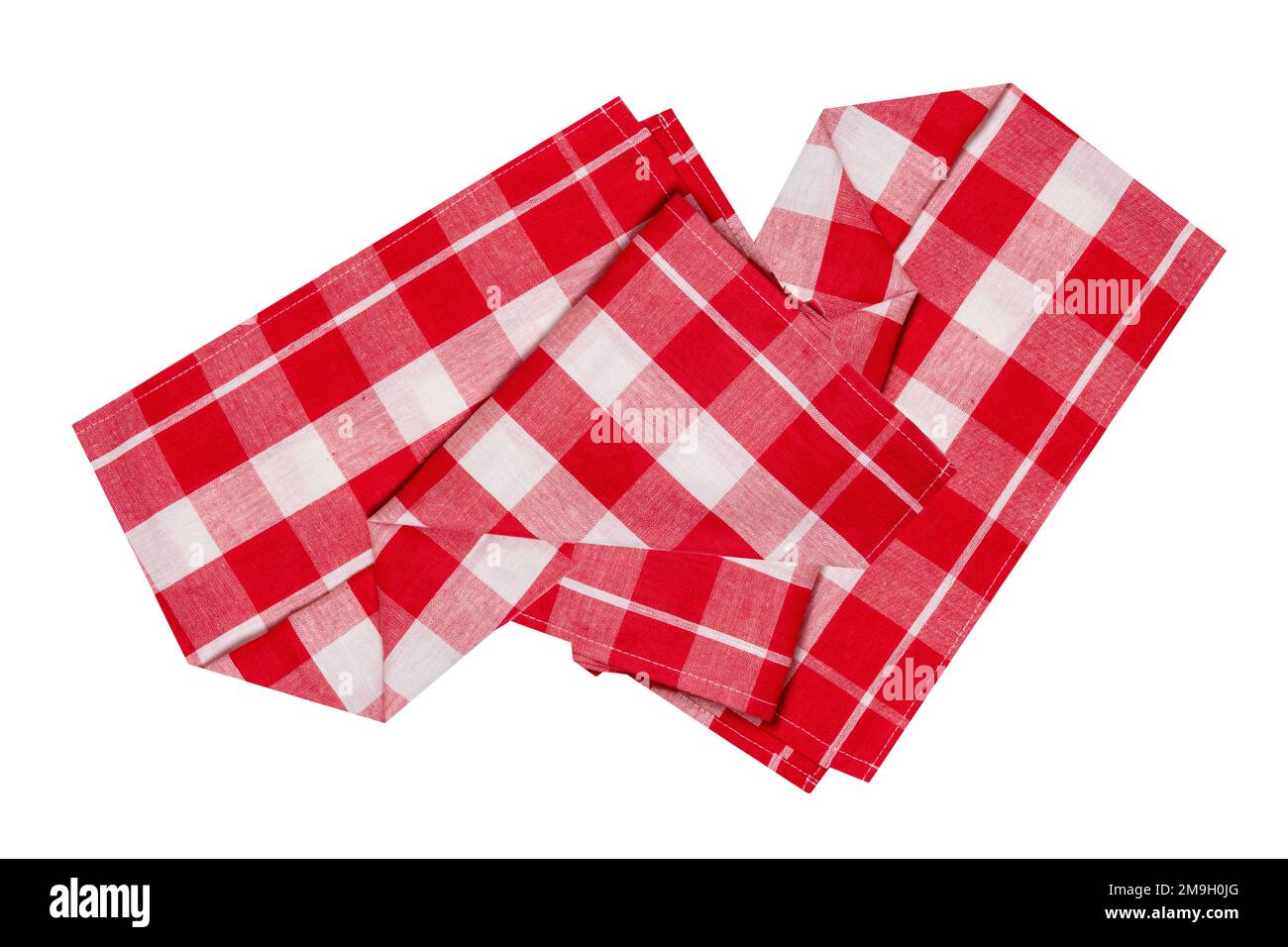 Nahaufnahme einer rot-weiß karierten Serviette oder Tischdecke, isoliert auf weißem Hintergrund. Beschneidungspfad. Küchenzubehör. Stockfoto
