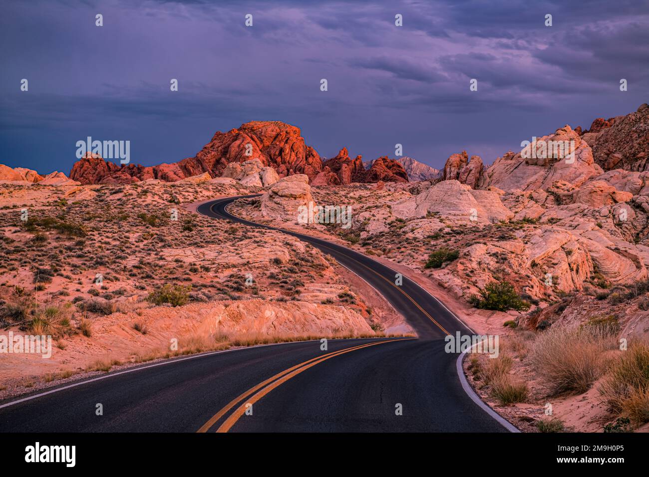 Die Mouses Tank Road, der Valley of Fire State Park, Nevada, USA, lockt mit Straßen- und Felsformationen in der Wüste bei Sonnenuntergang Stockfoto