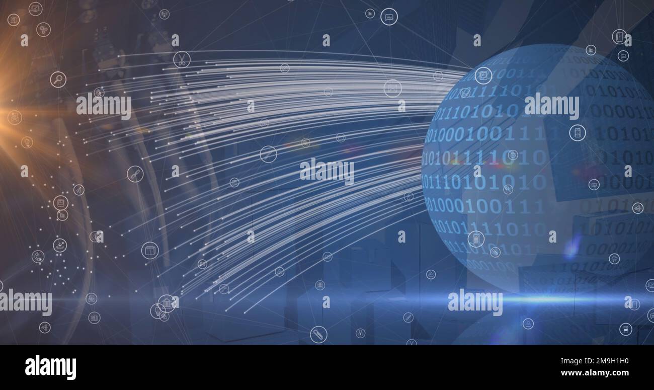 Abbildung: Symbole, die über Globus und Binärcode schweben Stockfoto