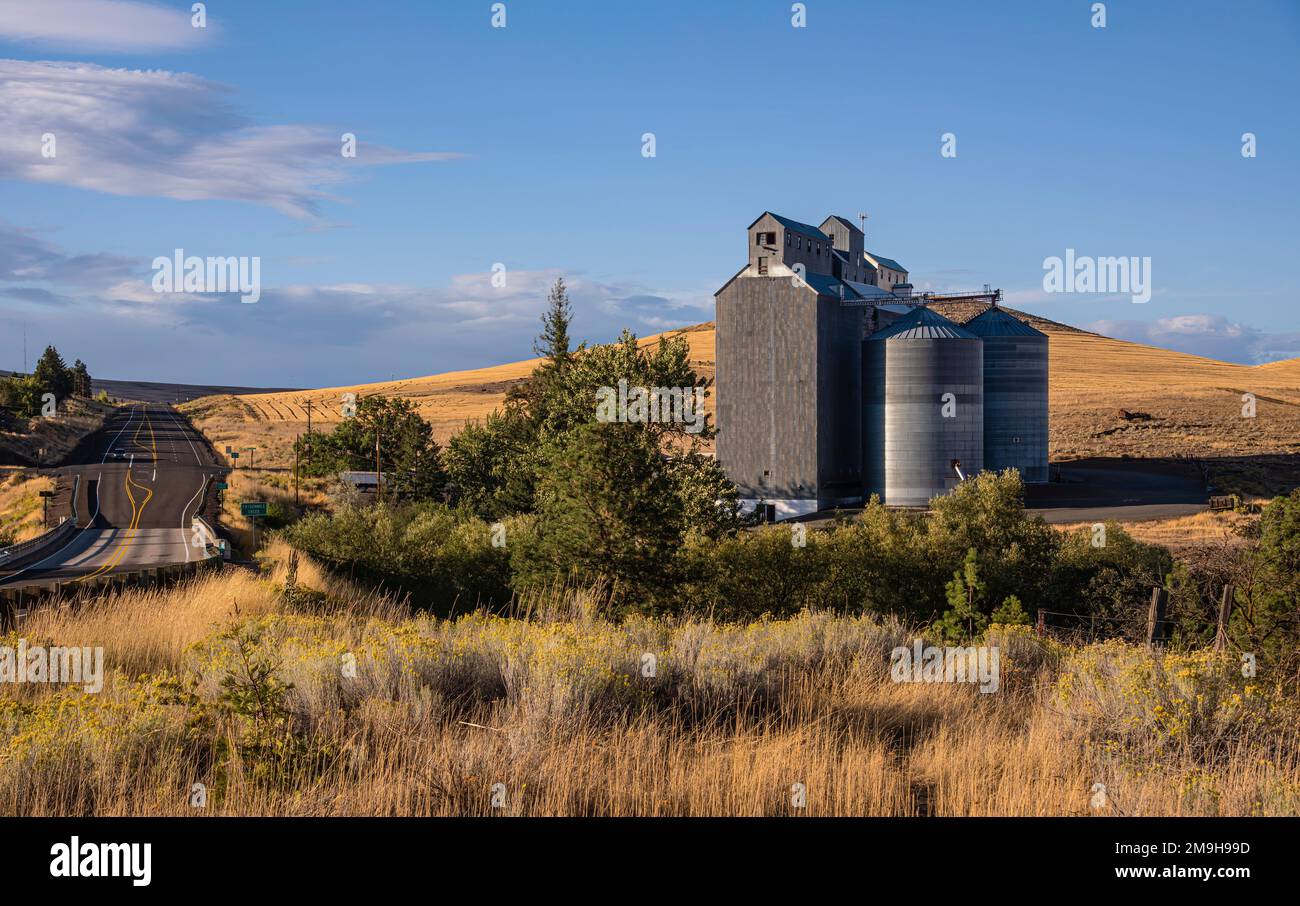 Getreidesilos unter blauem Himmel. Dufur, Oregon, USA Stockfoto