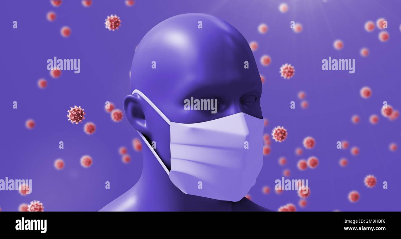 Darstellung der menschlichen Darstellung mit Maske mit infizierten Zellen vor violettem Hintergrund Stockfoto