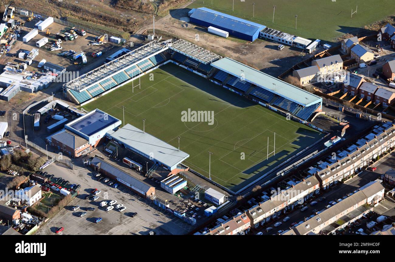 Luftaufnahme des Featherstone Rovers Millennium Stadium an der Post Office Road, Featherstone, West Yorkshire Stockfoto