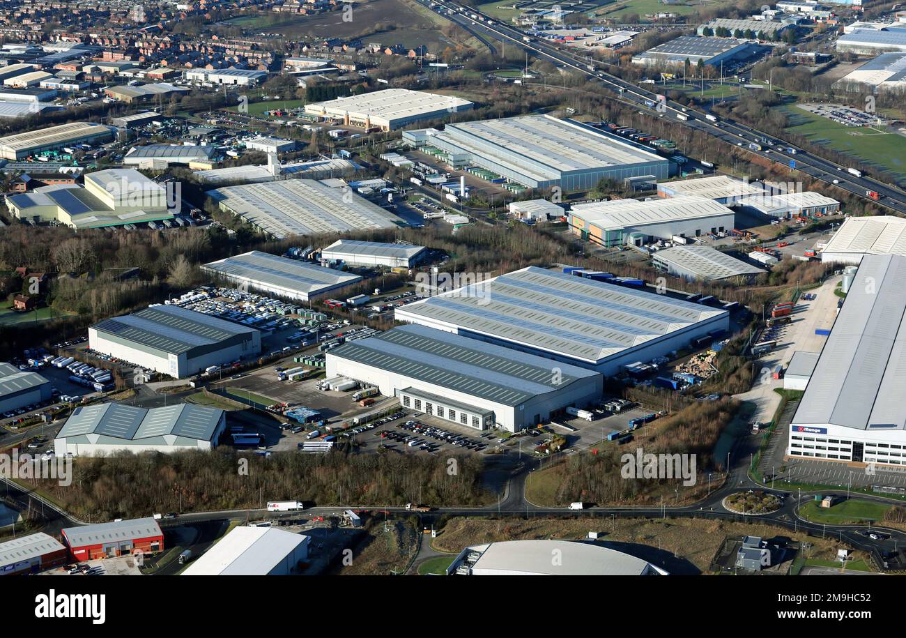 Ein Teil des Normanton Industrial Estate in der Nähe von Castleford, West Yorkshire, mit Unternehmen wie Panther Logistics und Fyffes Normanton aus der Vogelperspektive Stockfoto