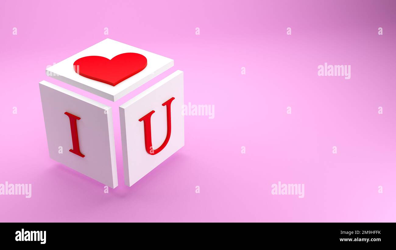 Ich liebe dich von rotem Herz auf weißem Würfel 3D Illustration, Herzsymbol, wie Liebe, valentinstag, Liebeshintergrund-Konzept Stockfoto