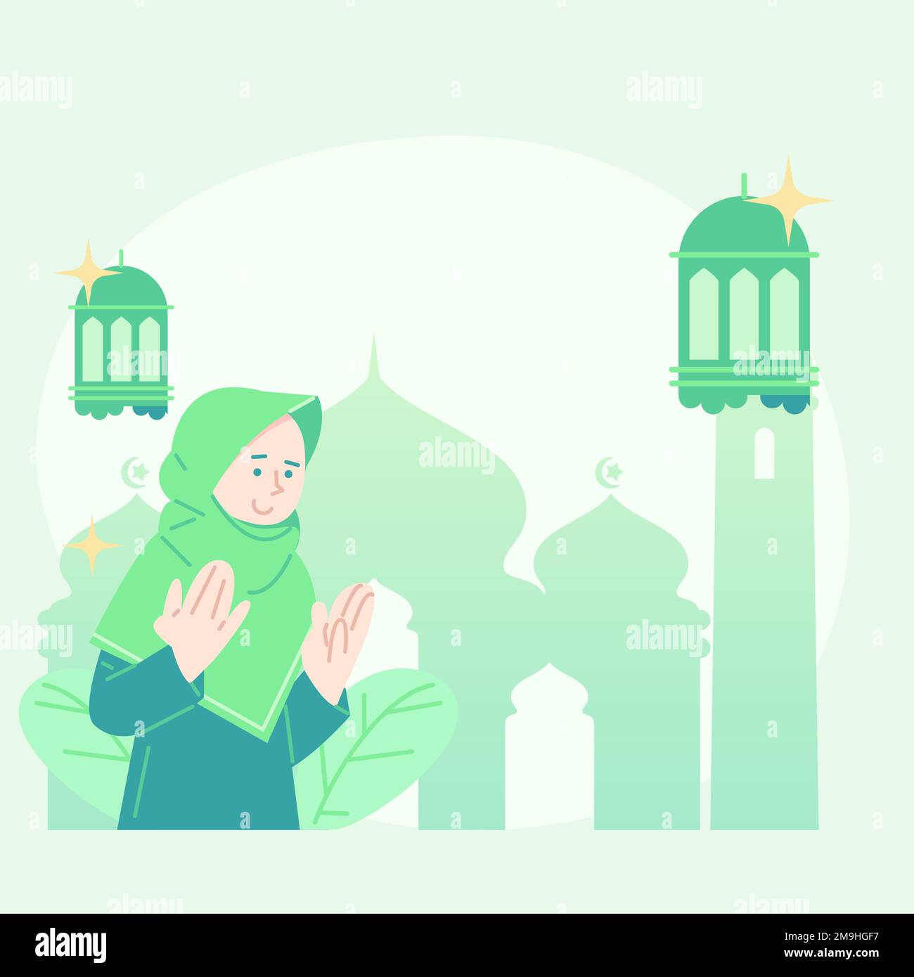 Süße flache Illustration eid-mubarak-Begrüßung. Flache Darstellung des Fastens. Süße Illustration, wie man schnell bricht. Süße flache Illustration ramadan. Stock Vektor