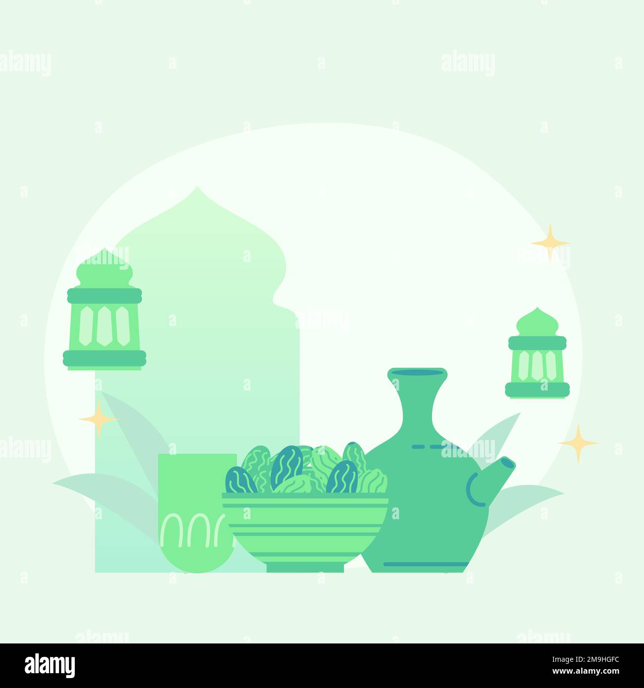 Süße flache Illustration eid-mubarak-Begrüßung. Flache Darstellung des Fastens. Süße Illustration, wie man schnell bricht. Süße flache Illustration ramadan. Stock Vektor