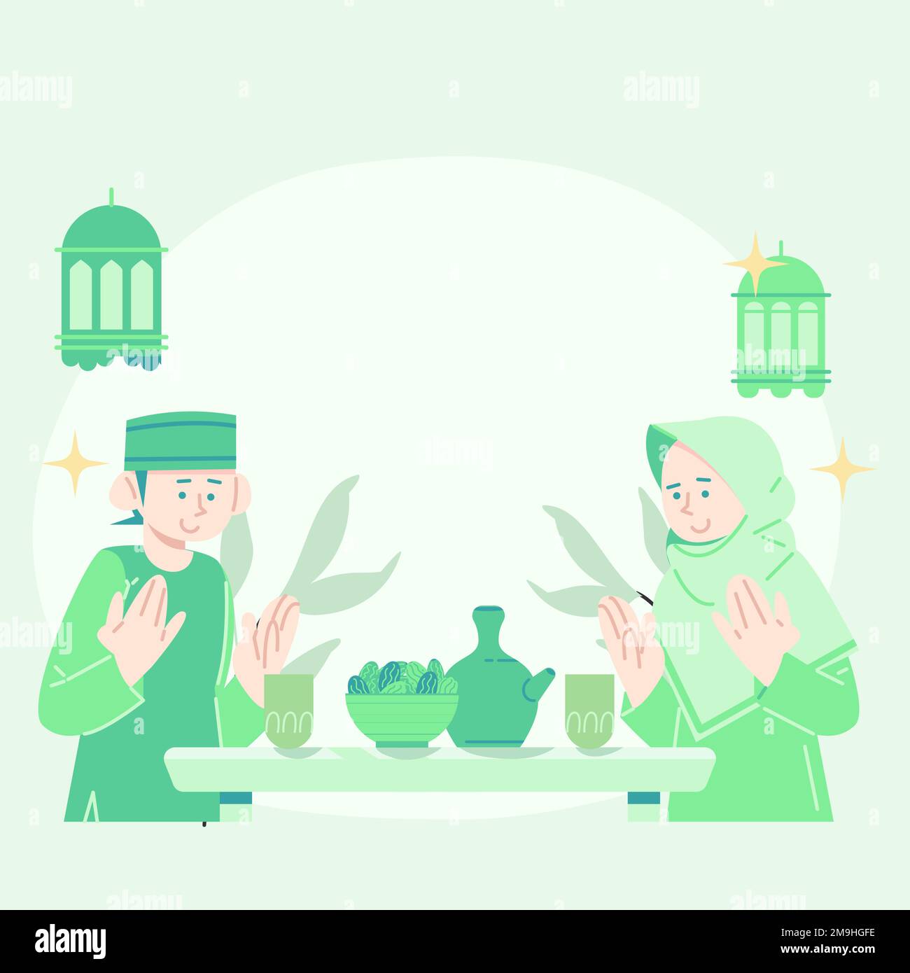 Süße flache Illustration eid-mubarak-Begrüßung. Flache Darstellung des Fastens. Süße Illustration, wie man schnell bricht. Süße flache Illustration ramadan. Stock Vektor