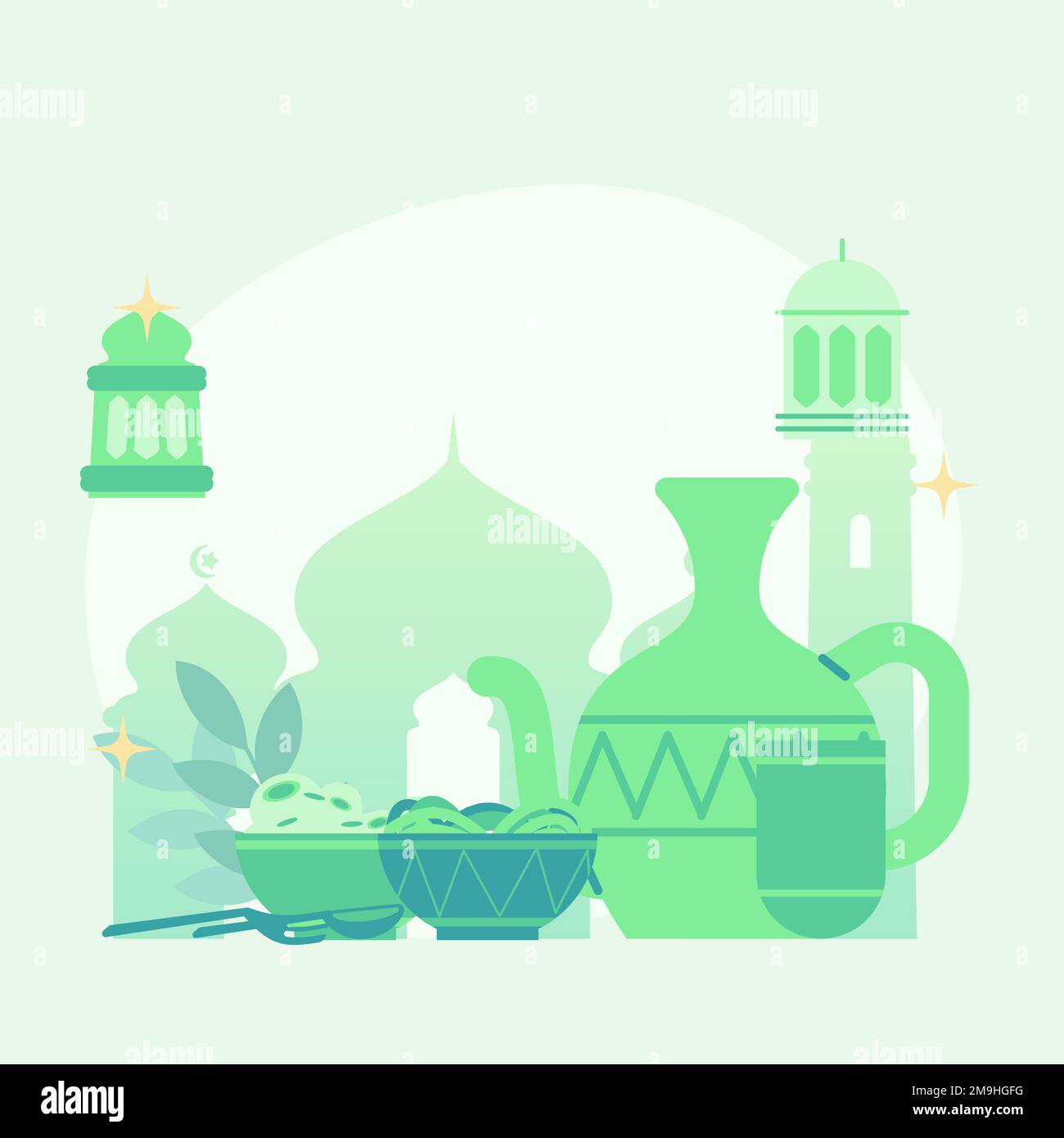 Süße flache Illustration eid-mubarak-Begrüßung. Flache Darstellung des Fastens. Süße Illustration, wie man schnell bricht. Süße flache Illustration ramadan. Stock Vektor