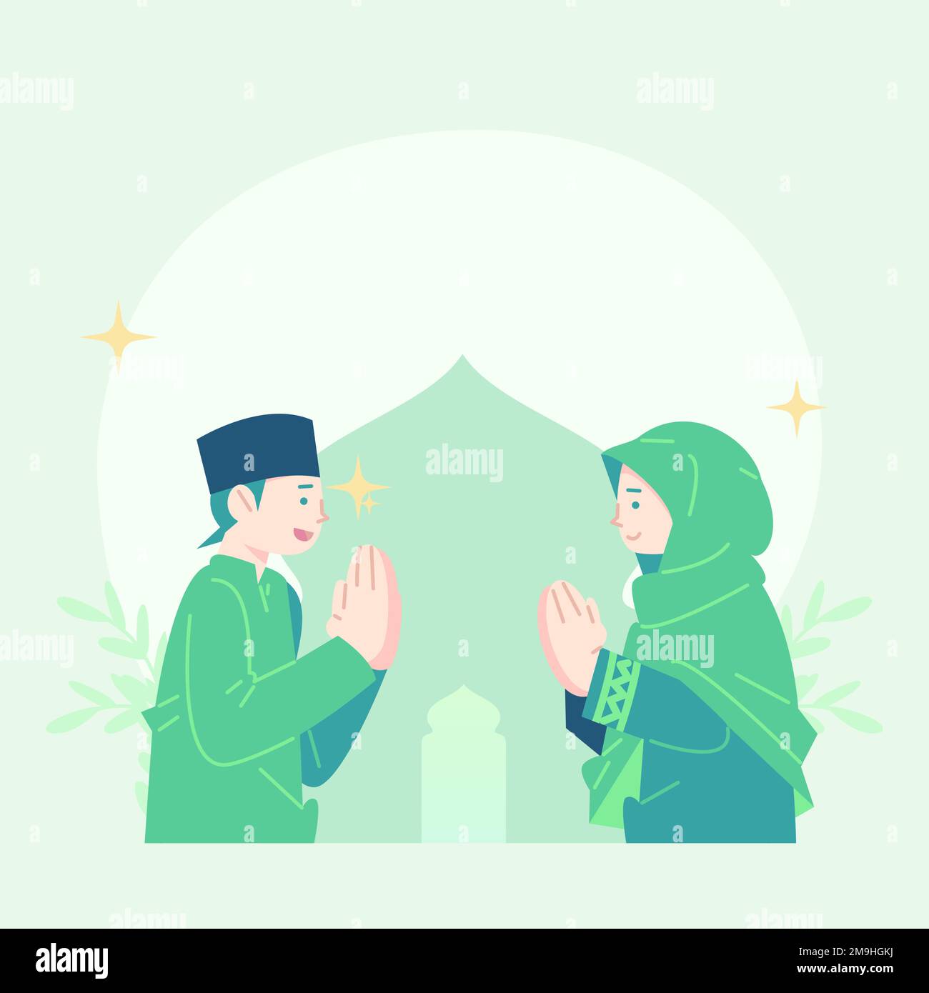 Süße flache Illustration eid-mubarak-Begrüßung. Flache Darstellung des Fastens. Süße Illustration, wie man schnell bricht. Süße flache Illustration ramadan. Stock Vektor