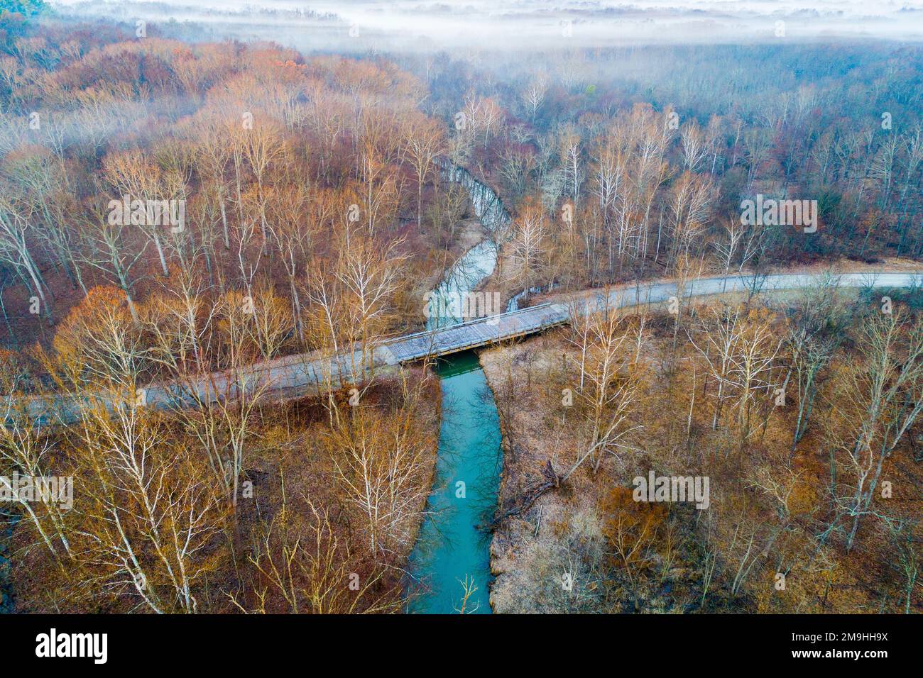 Der Stephen A. Forbes State Park, Marion County, Illinois, USA, ist im Herbst von einem Waldstrom aus der Vogelperspektive umgeben Stockfoto
