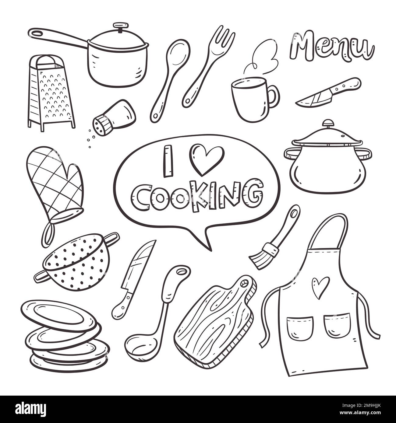 Doodle Küchengeräte und -Geräte. Süße Illustration mit isolierten Kochobjekten im Vektorformat. Küchenutensilien-Sammlung. Abbildung 2 von Stock Vektor