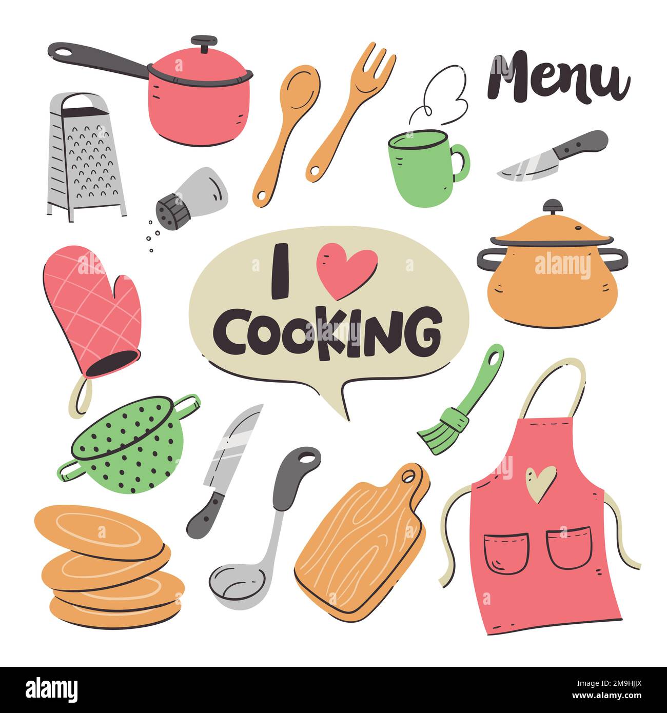 Küchenwerkzeuge und -Geräte. Süße Illustration mit isolierten Kochobjekten im Vektorformat. Küchenutensilien-Sammlung. Abbildung 2 von 2. Stock Vektor