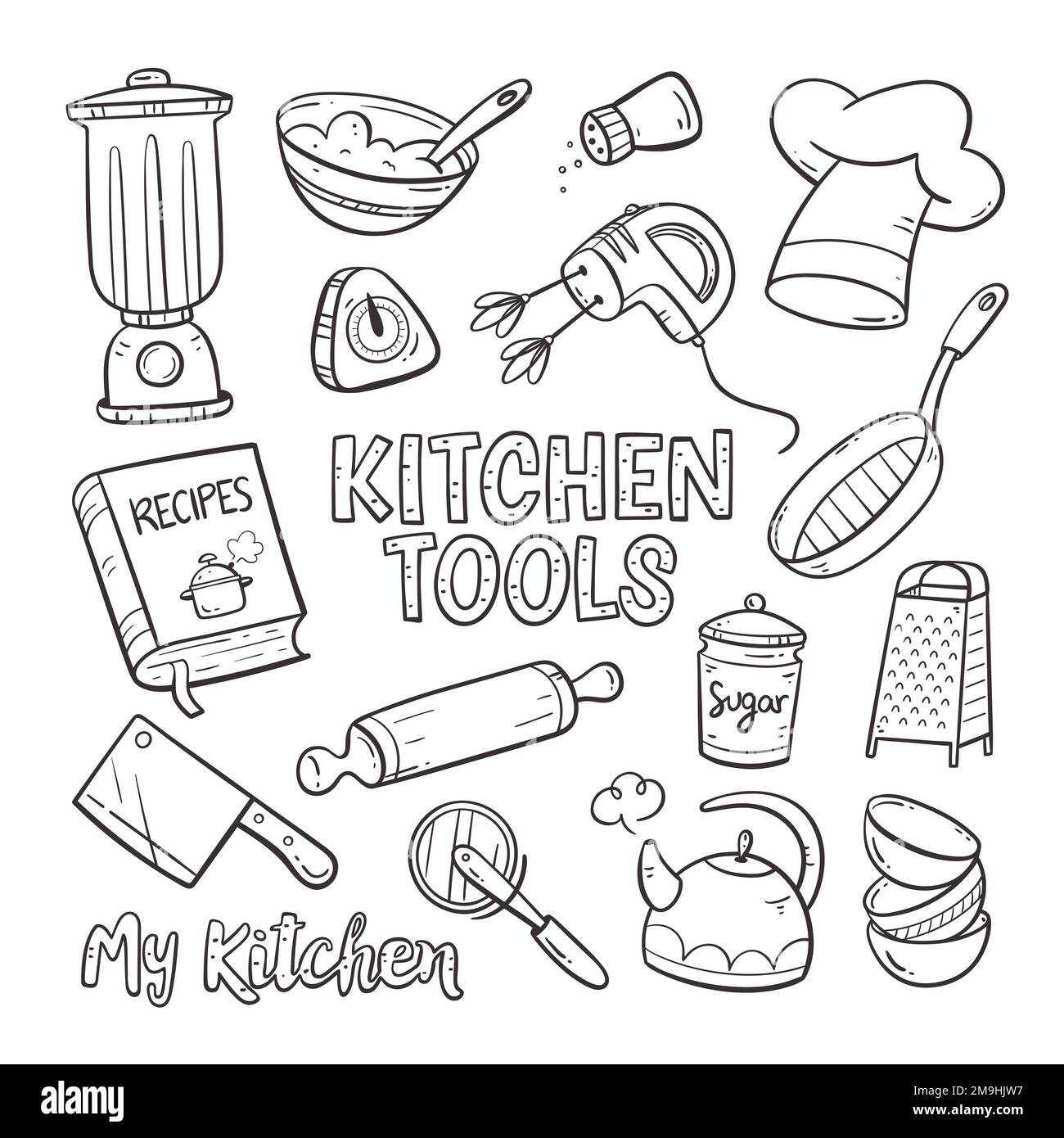 Doodle Küchengeräte und -Geräte. Süße Illustration mit isolierten Kochobjekten im Vektorformat. Küchenutensilien-Sammlung. Abbildung 1 von Stock Vektor