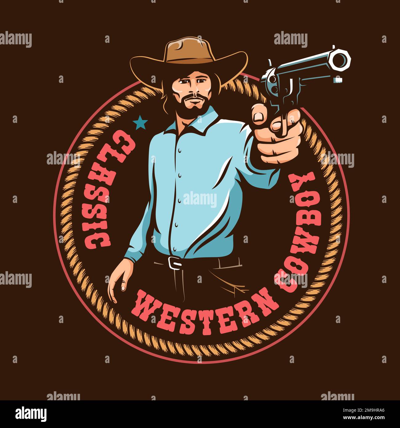 Retro-Western-Abzeichen - Cowboy zielt auf eine Pistole Stock Vektor