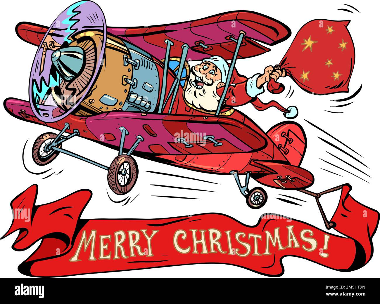 Der weihnachtsmann mit Geschenken fliegt in einem Retro-Flugzeug auf neutralem Hintergrund. Fröhliche weihnachtsinschrift. Themen wie Weihnachten und Neujahr. Fröhlicher alter Mann Stock Vektor