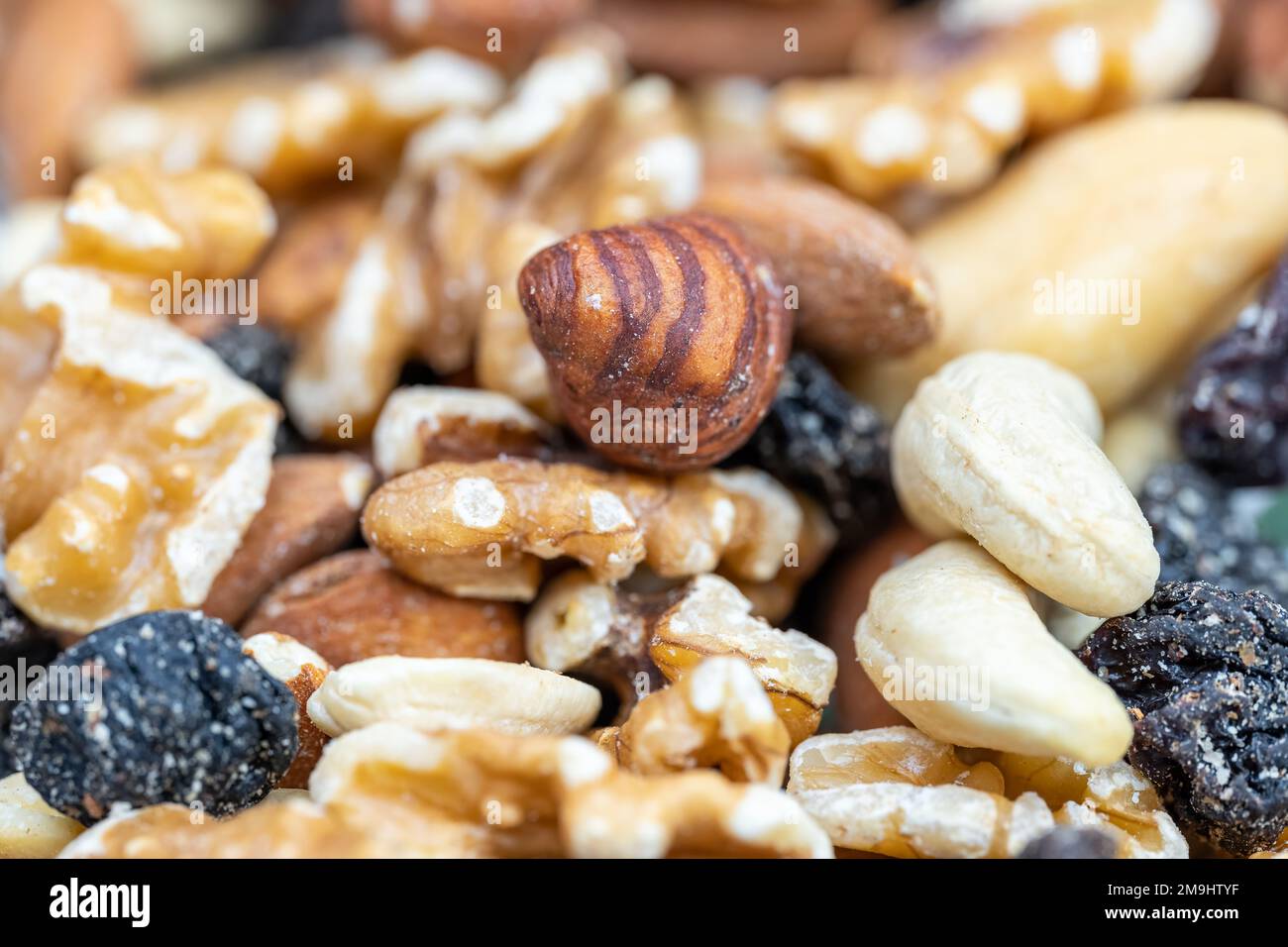 Mit Haselnüssen, Cashews und Rosinen gestapelte Nüsse in einem Makrofoto. Stockfoto