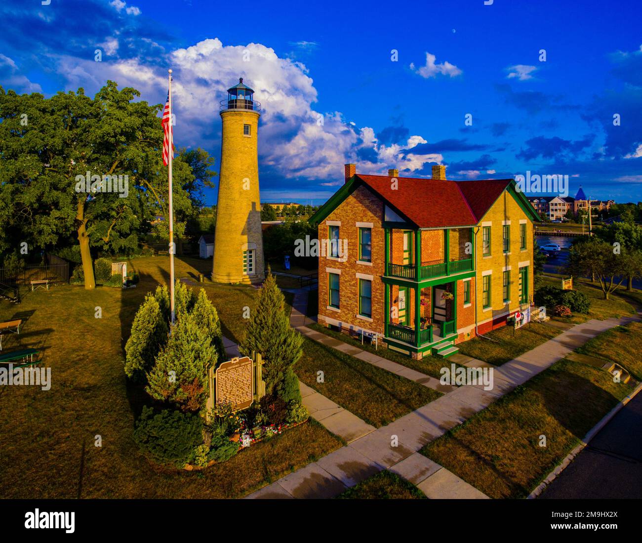 Die Southport Light Station in Kenosha, Wisconsin, USA, aus der Vogelperspektive Stockfoto