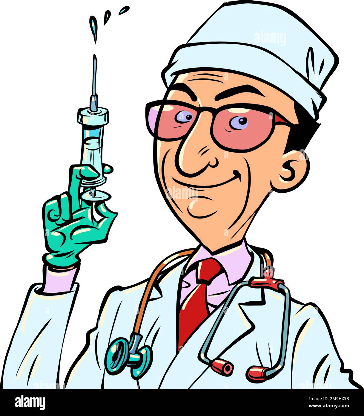 Der Arzt ist ein Mann mit einer Spritze mit einem Impfstoff Impfung Gesundheit Krankheit Epidemie Pandemie Heilung Stock Vektor