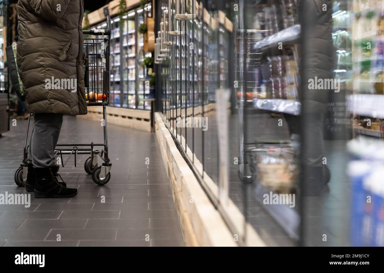 Neubiberg, Deutschland. 18. Januar 2023. Eine Frau steht mit einem Einkaufswagen in einem Kühlregal in einem Supermarkt. Kredit: Sven Hoppe/dpa/Alamy Live News Stockfoto