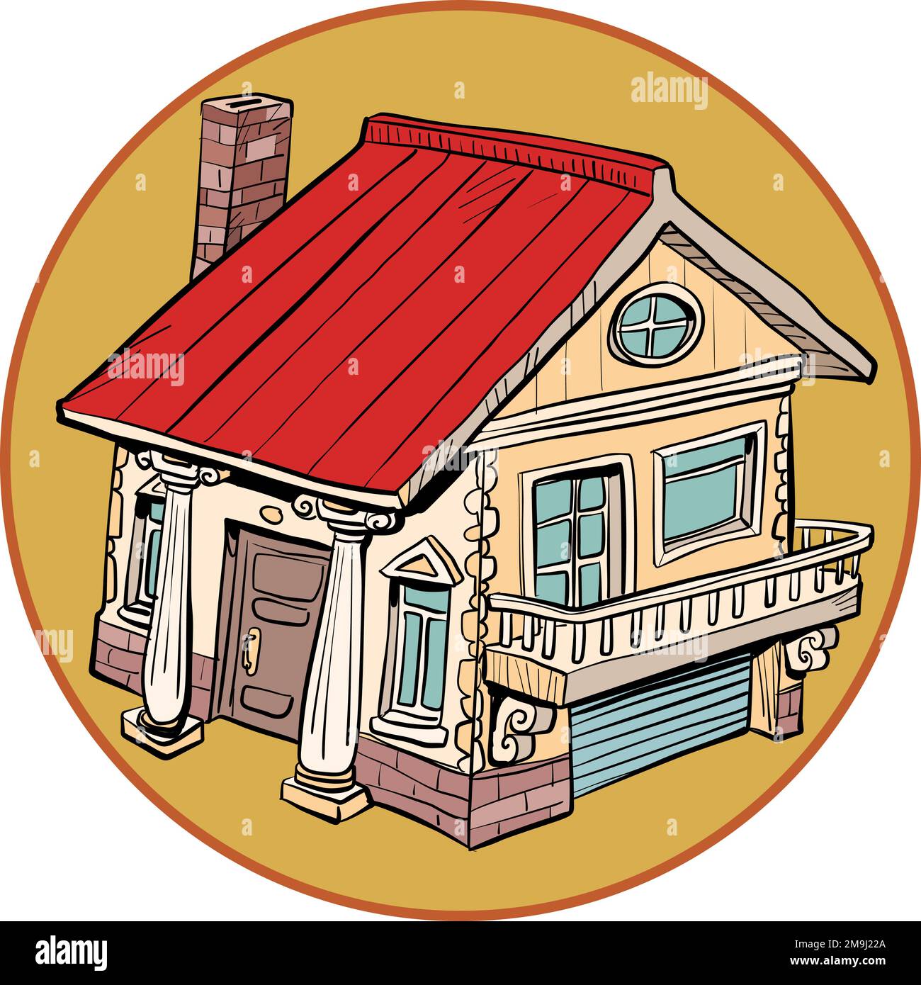 Ein gemütliches und wunderschönes Haus mit einem roten Dach, einer Garage, einem Kamin und mehreren Fenstern. Stock Vektor