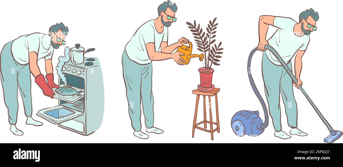 Der Mann macht Hausarbeiten, kocht Essen im Ofen, gießt die Pflanzen und saugt den Boden. Verantwortungsbewusster Ehemann, der Hausarbeit macht. Stock Vektor