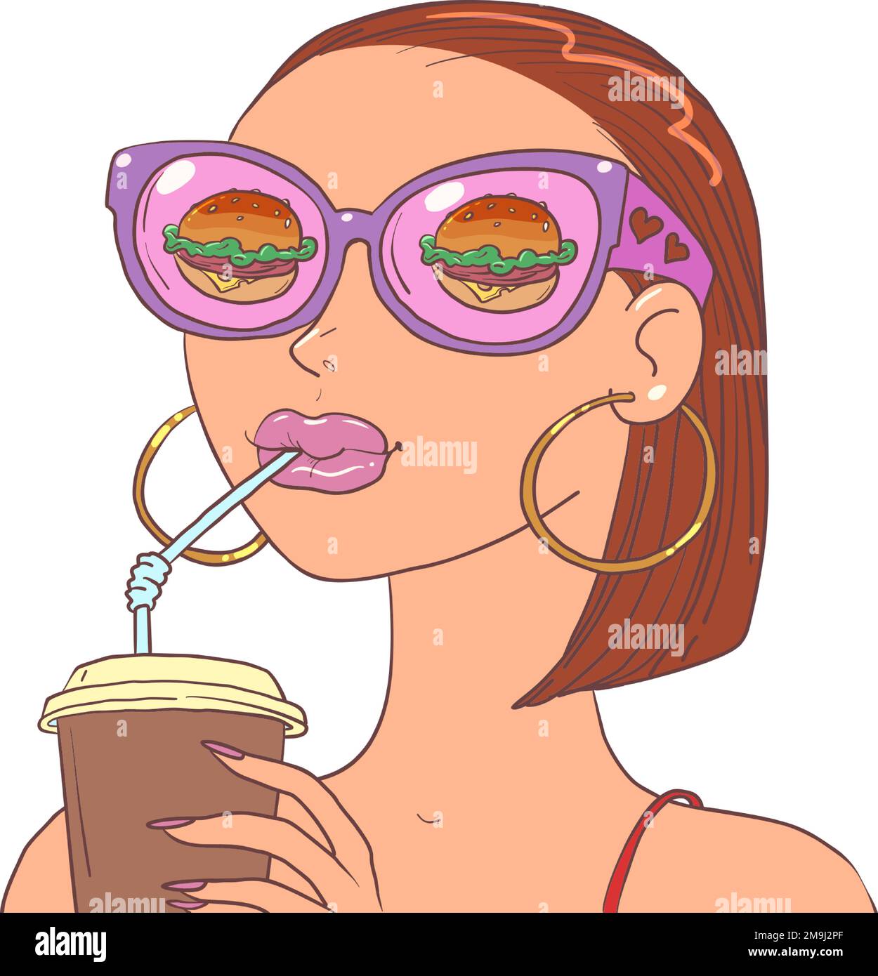 Ein Mädchen in Originalbrille trinkt einen Drink und denkt darüber nach, etwas zu kaufen. Potenzieller Kunde einer Dienstleistung oder eines Angebots. Stock Vektor