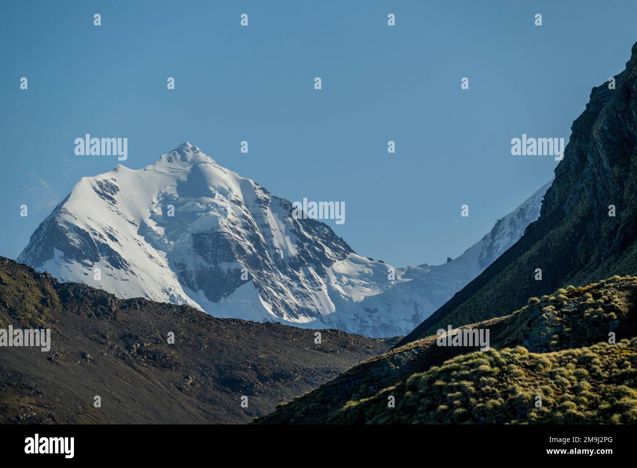 Blick auf den Montebello Peak, einen Berg 518m m (1699 Fuß) hoch über der Bucht am Ocean Harbor, South Georgia Island, subantarktisch. Stockfoto